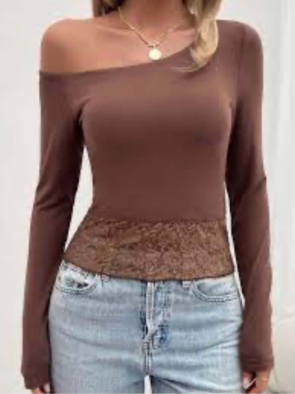 White Fox Boutique Off-Shoulder Brown Long Sleeve Top#139